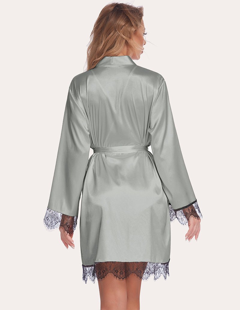 Lace satin robe set in gray, belted robe with lace cuffs and lace-trim hem