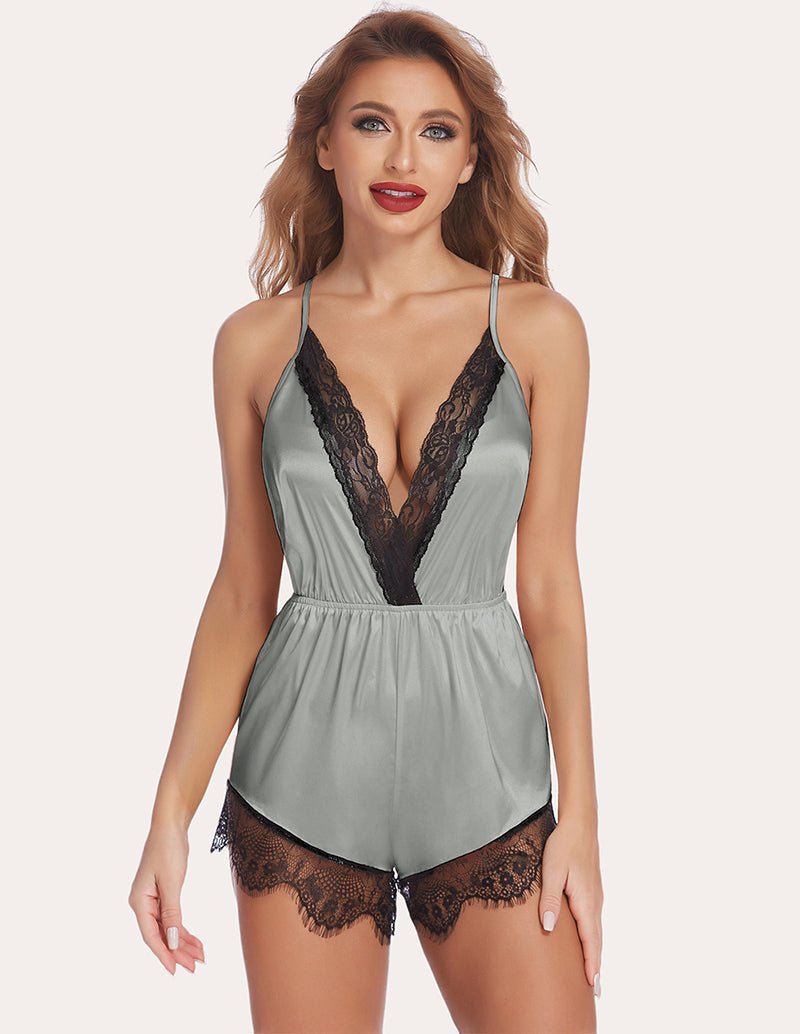 Lace satin robe set in gray with black lace trim, V-neck bodice and shorts