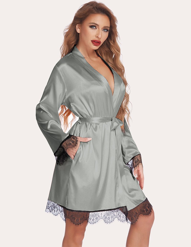 Lace satin robe set in gray with belted robe waist and black lace hem