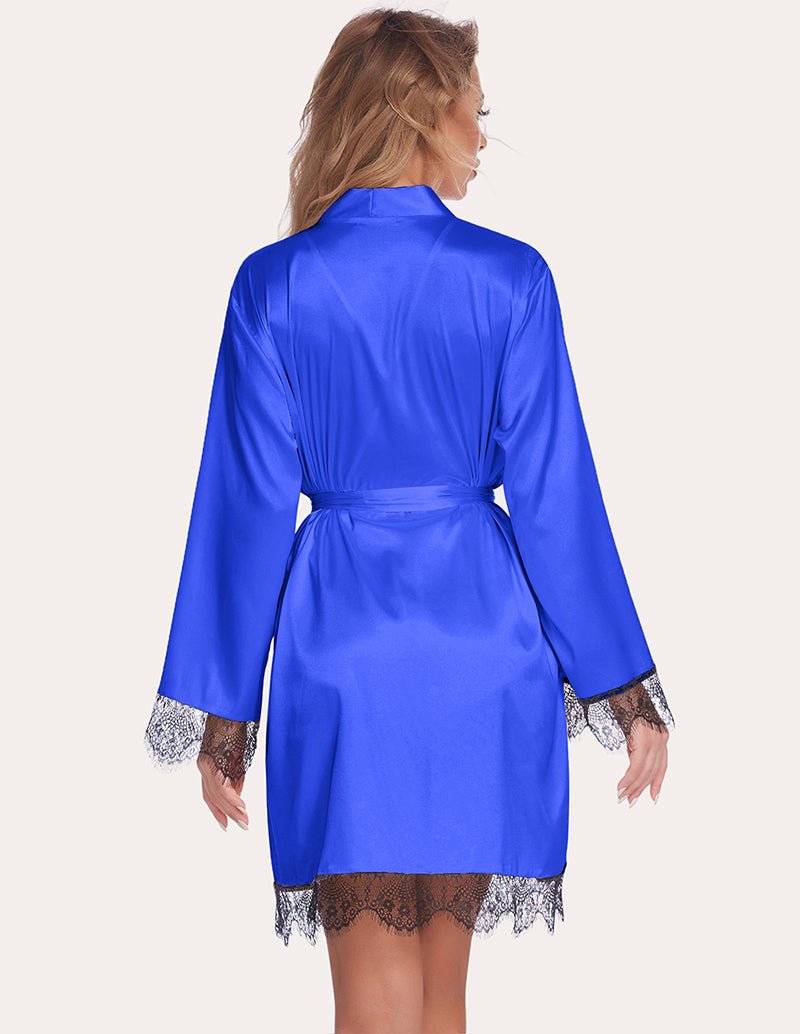 Lace satin robe set in bright blue, belted robe with lace cuffs and lace-trim hem