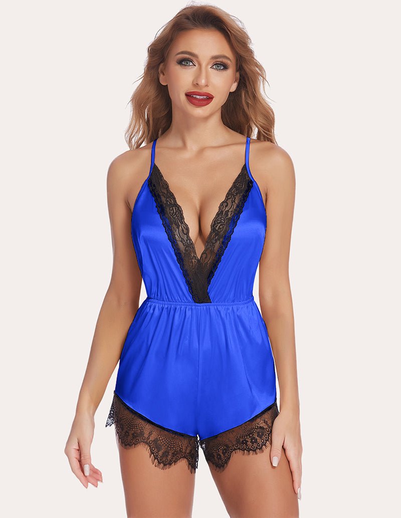 Lace satin robe set in bright blue with black lace trim, V-neck bodice and shorts