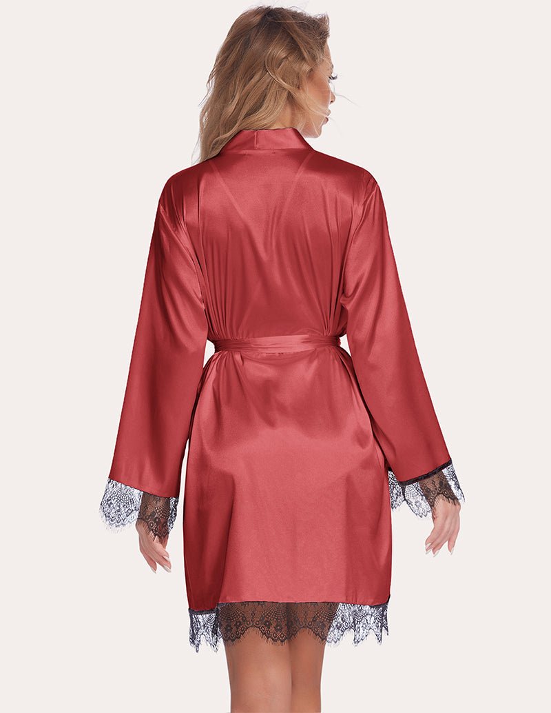 Wine red lace satin robe set, back view with tie waist and black lace cuffs and hem.