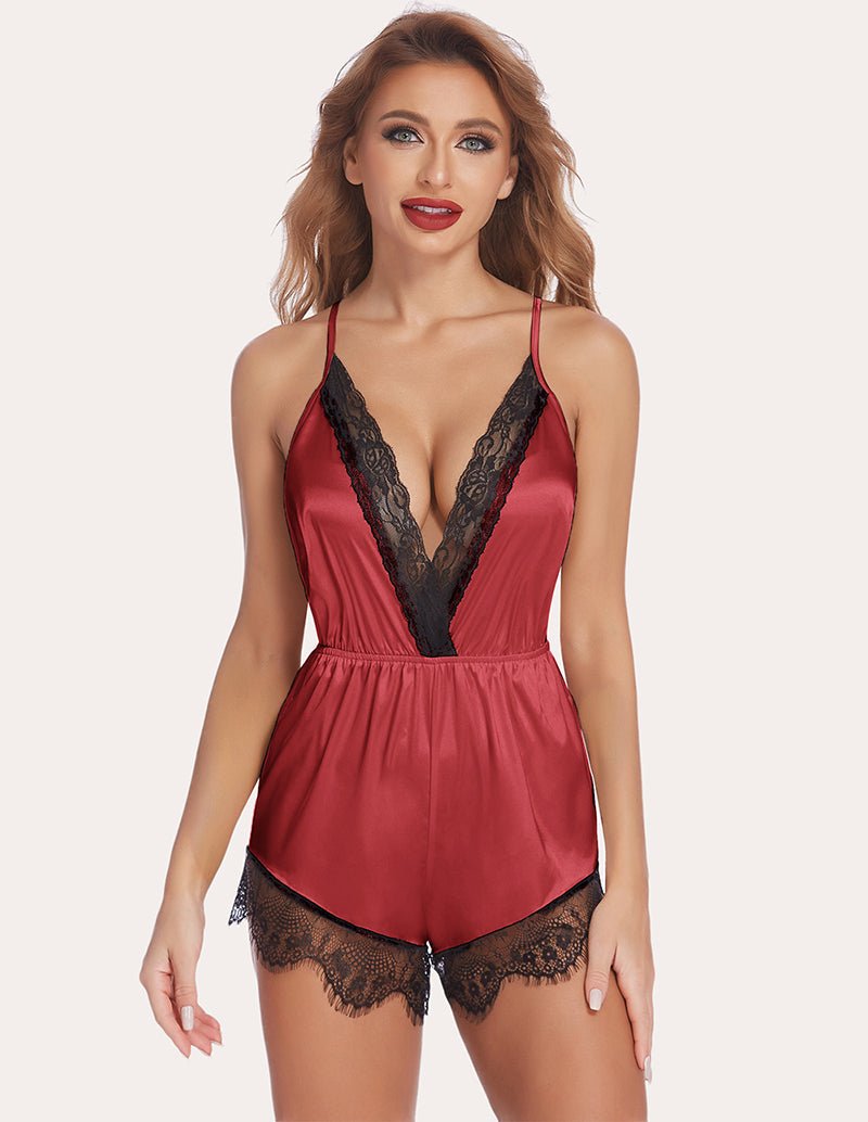 Wine red lace satin robe set with black lace V-neck trim and lace hem.