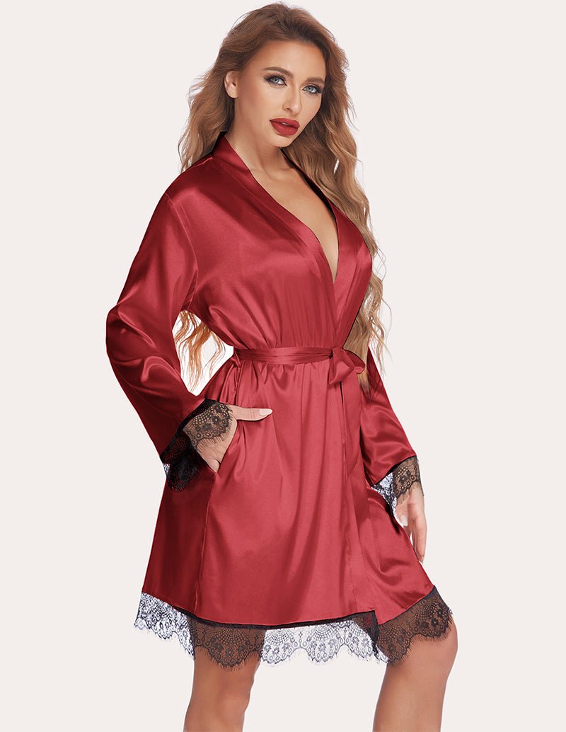 Wine red lace satin robe set with tie waist, long sleeves, and black lace cuffs and hem.