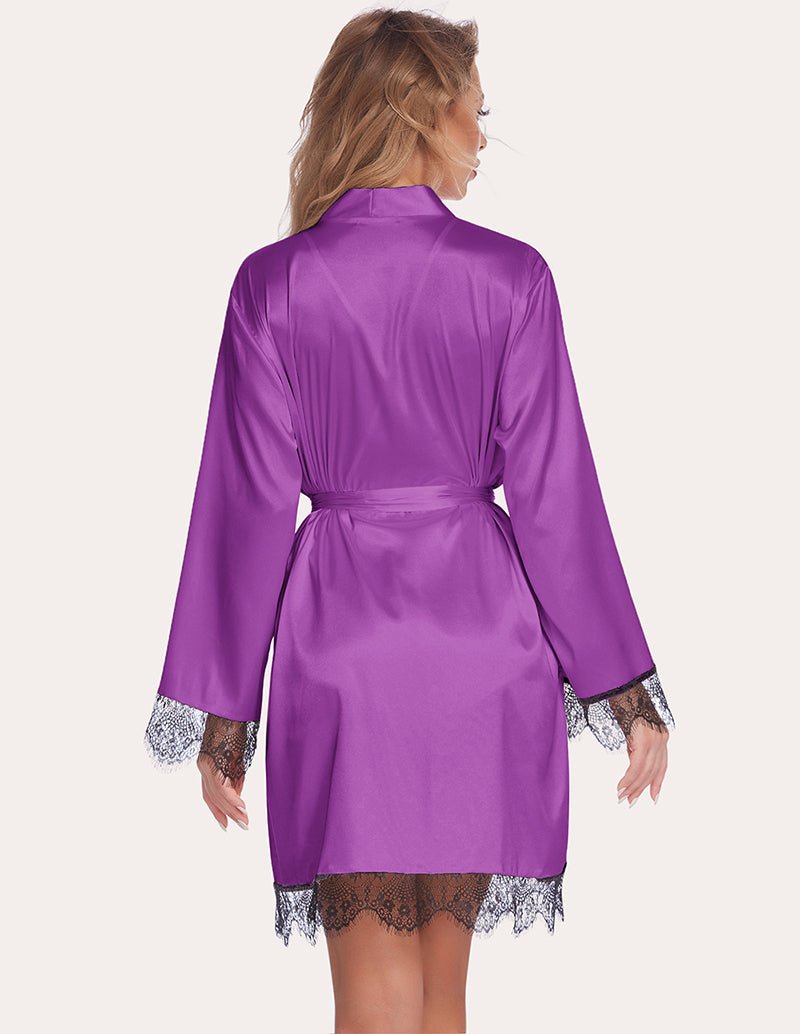 Purple lace satin robe set, back view with tie waist and black lace cuffs and hem.