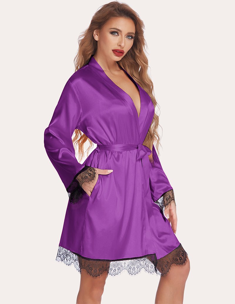 Purple lace satin robe set with tie waist, long sleeves, and black lace cuffs and hem.