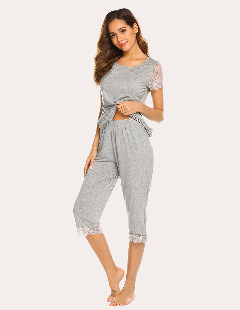 Light grey lace short-sleeve capri pajama set, front view with cropped pants