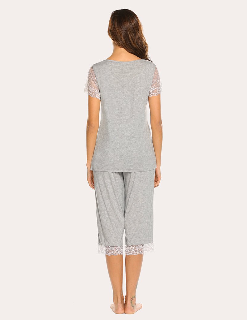 Light grey lace short-sleeve capri pajama set, back view with crew neckline