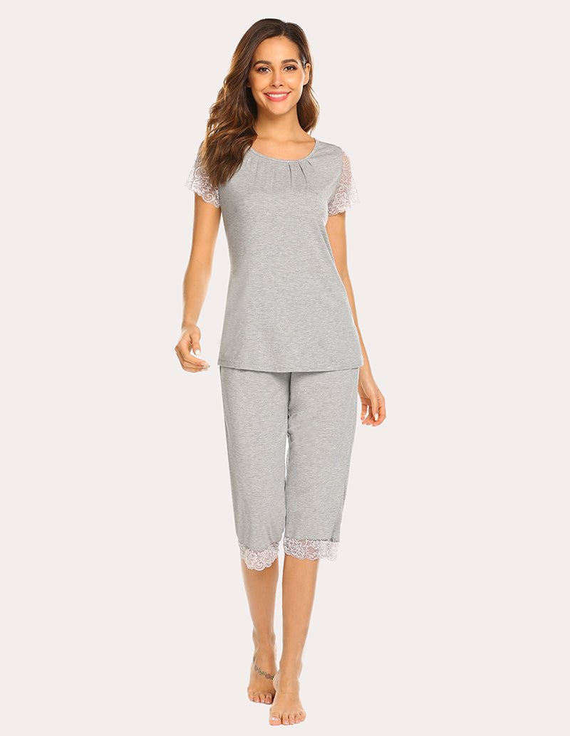 Light grey lace short-sleeve capri pajama set with crew neckline and scalloped trim