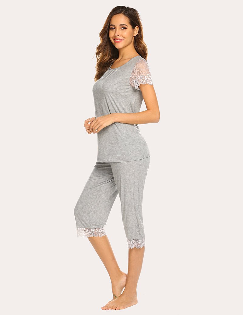 Light grey lace short-sleeve capri pajama set with lace sleeves and lace hem