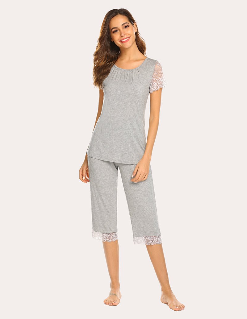 Light grey lace short-sleeve capri pajama set, relaxed fit top and capri pants