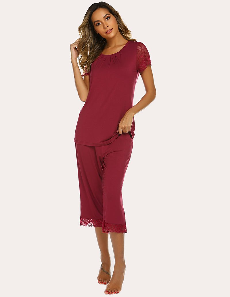 Wine red lace short-sleeve capri pajama set, front view with draped top