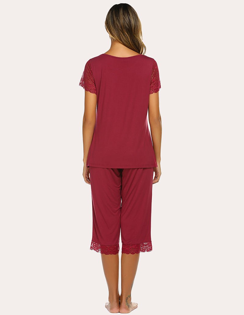 Wine red lace short-sleeve capri pajama set, back view with lace-trim capris