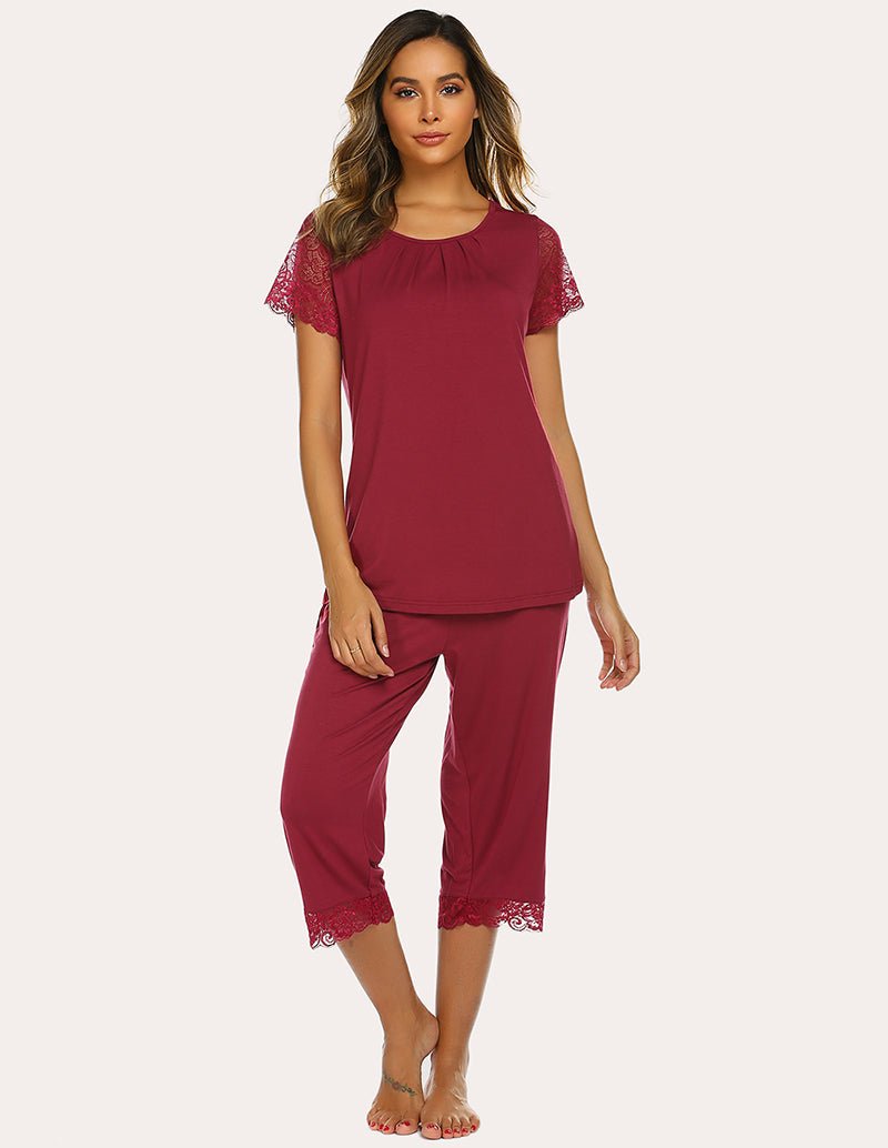 Wine red lace short-sleeve capri pajama set with crew neckline and lace trim