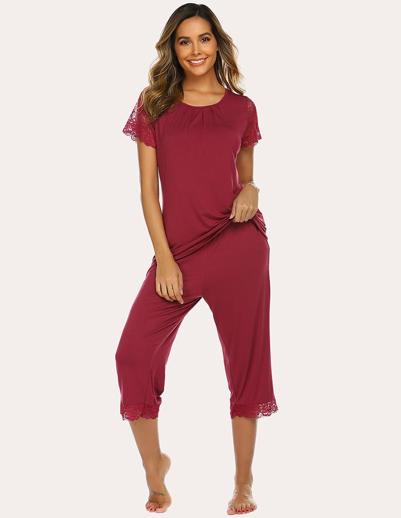 Wine red lace short-sleeve capri pajama set, front view with capri pants
