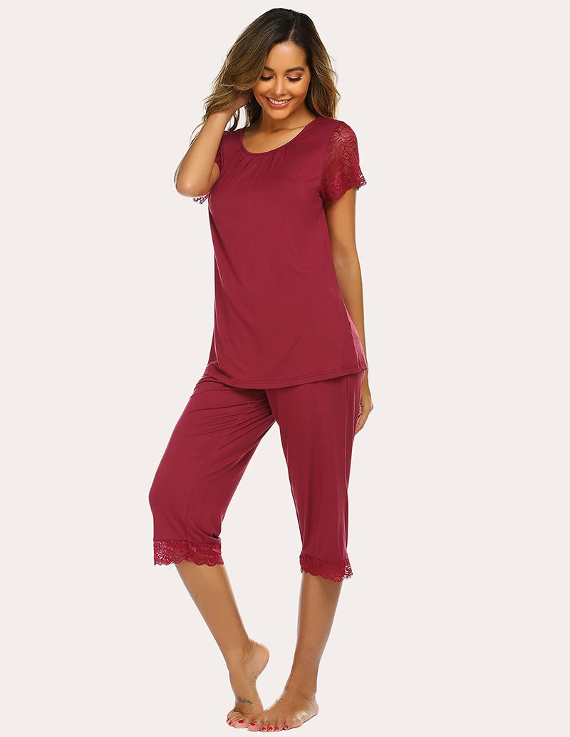 Wine red lace short-sleeve capri pajama set, side view with lace-trim capris