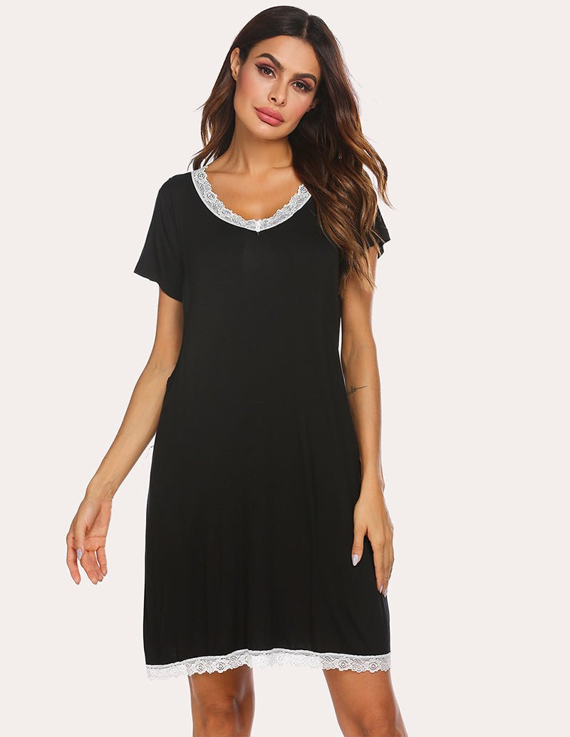Black sleep dress with lace neckline trim and lace-edged hem, short sleeves