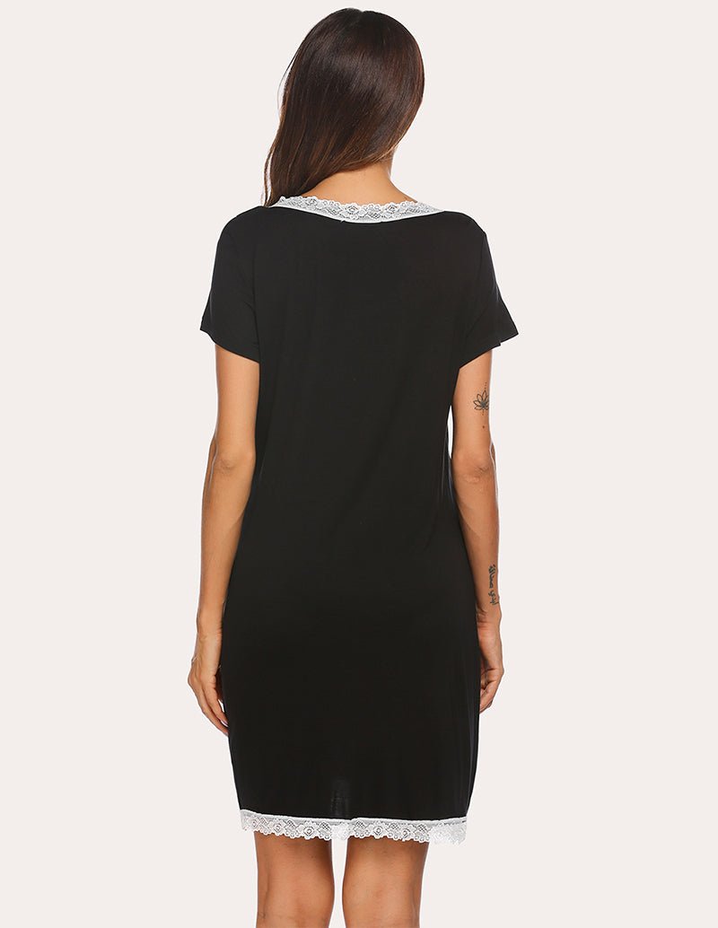 Black short-sleeve sleep dress with lace trim at neckline and lace-edged hem