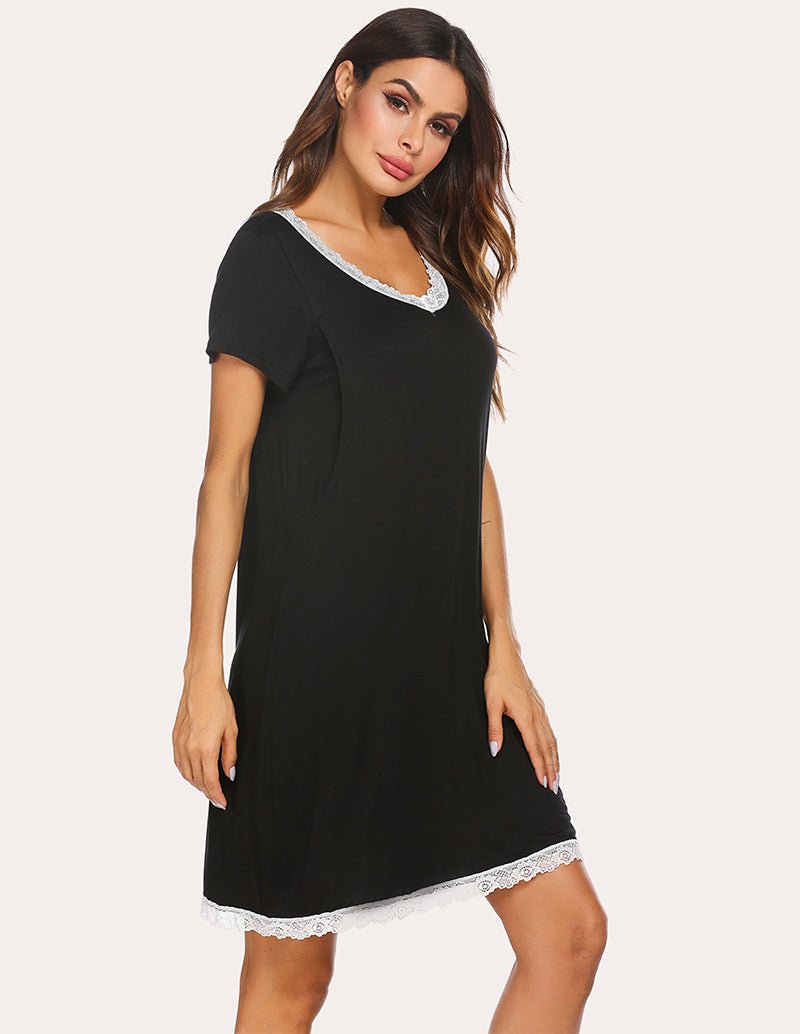 Black lace-trim sleep dress, V neckline, short sleeves, and lace-edged hem
