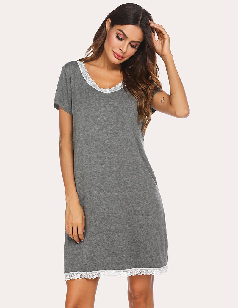 Grey sleep dress with lace neckline trim and lace-edged hem, short sleeves