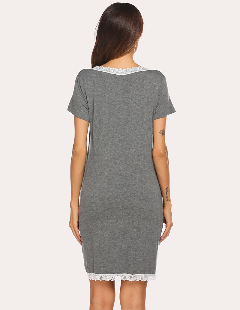 Grey short-sleeve sleep dress with lace trim at neckline and lace-edged hem