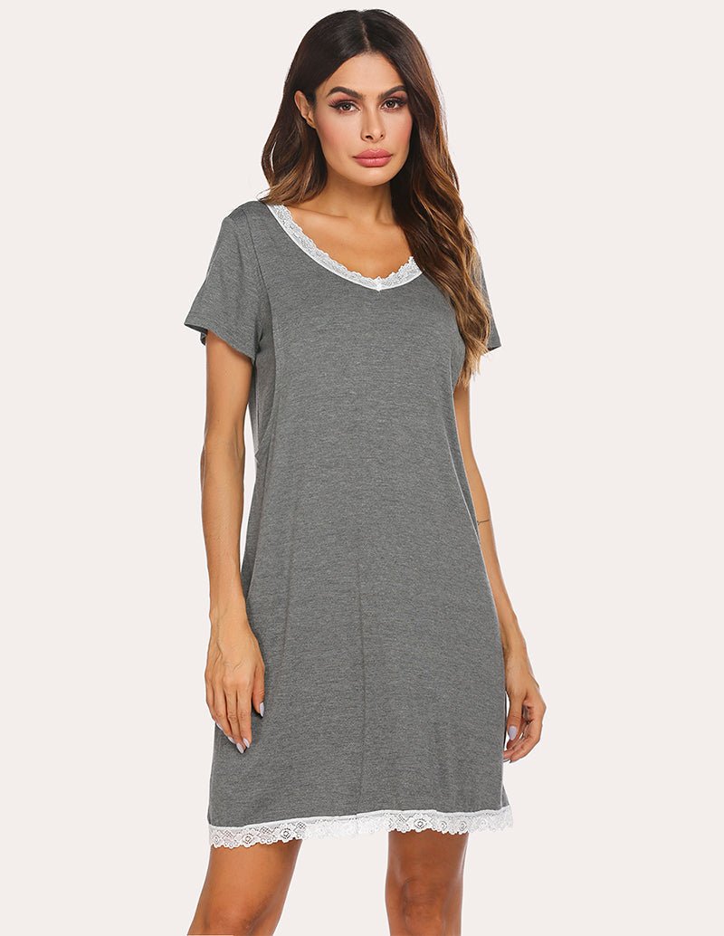 Grey sleep dress with lace trim, short sleeves, V neckline, and lace-edged hem