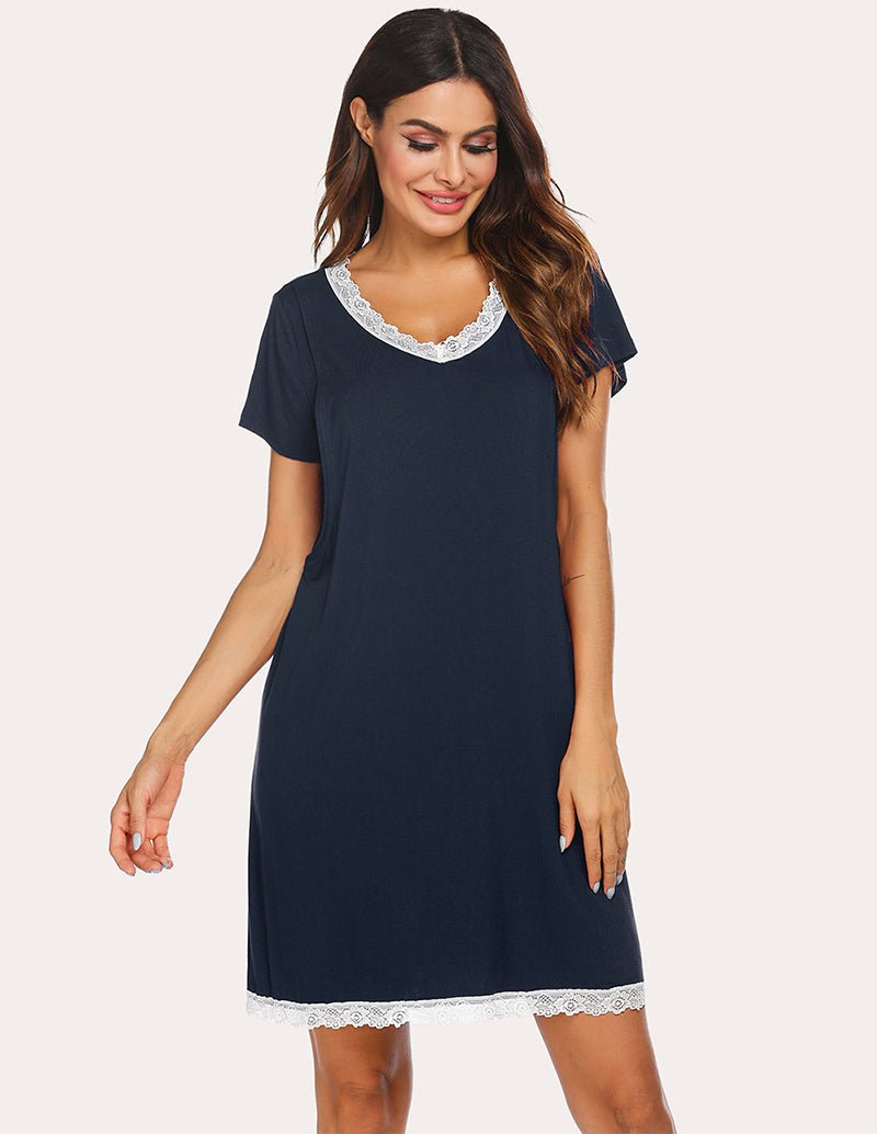 Navy lace-trim sleep dress with V neckline, short sleeves and lace hem