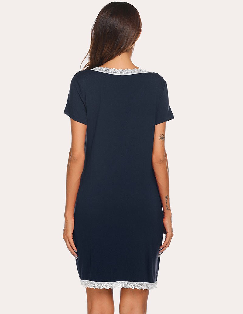 Back view navy sleep dress with lace-trim hem and short sleeves