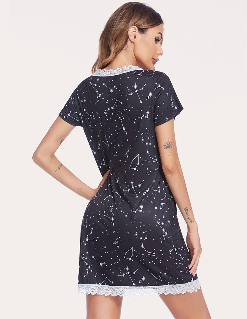 Back view black starry-sky sleep dress with lace-trim hem and short sleeves