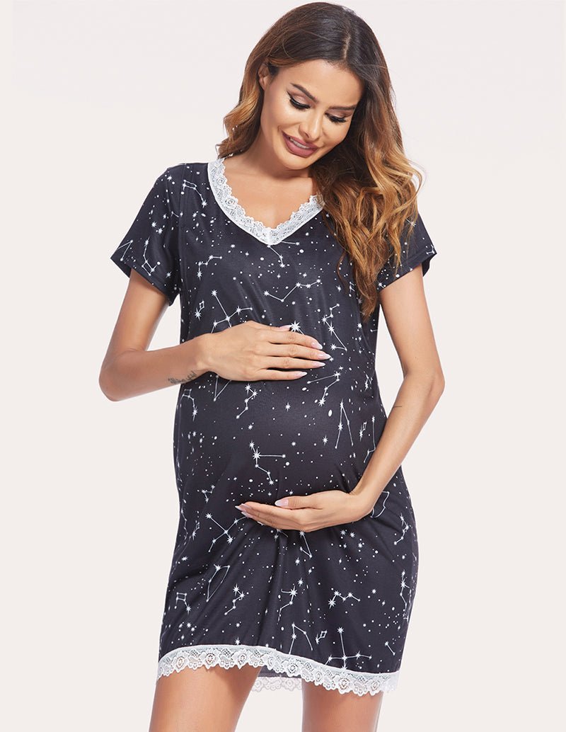 Black starry-sky breastfeeding sleep dress with lace V neckline and lace hem