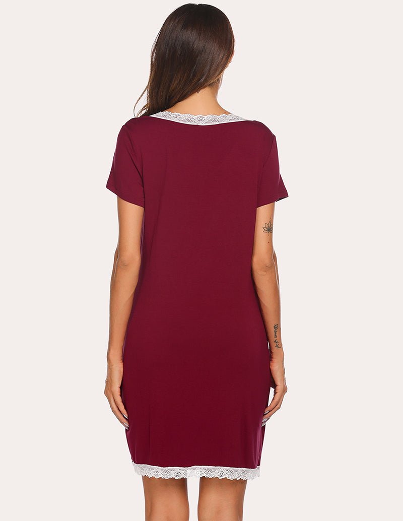 Wine red lace-trim breastfeeding sleep dress, back view, short sleeves