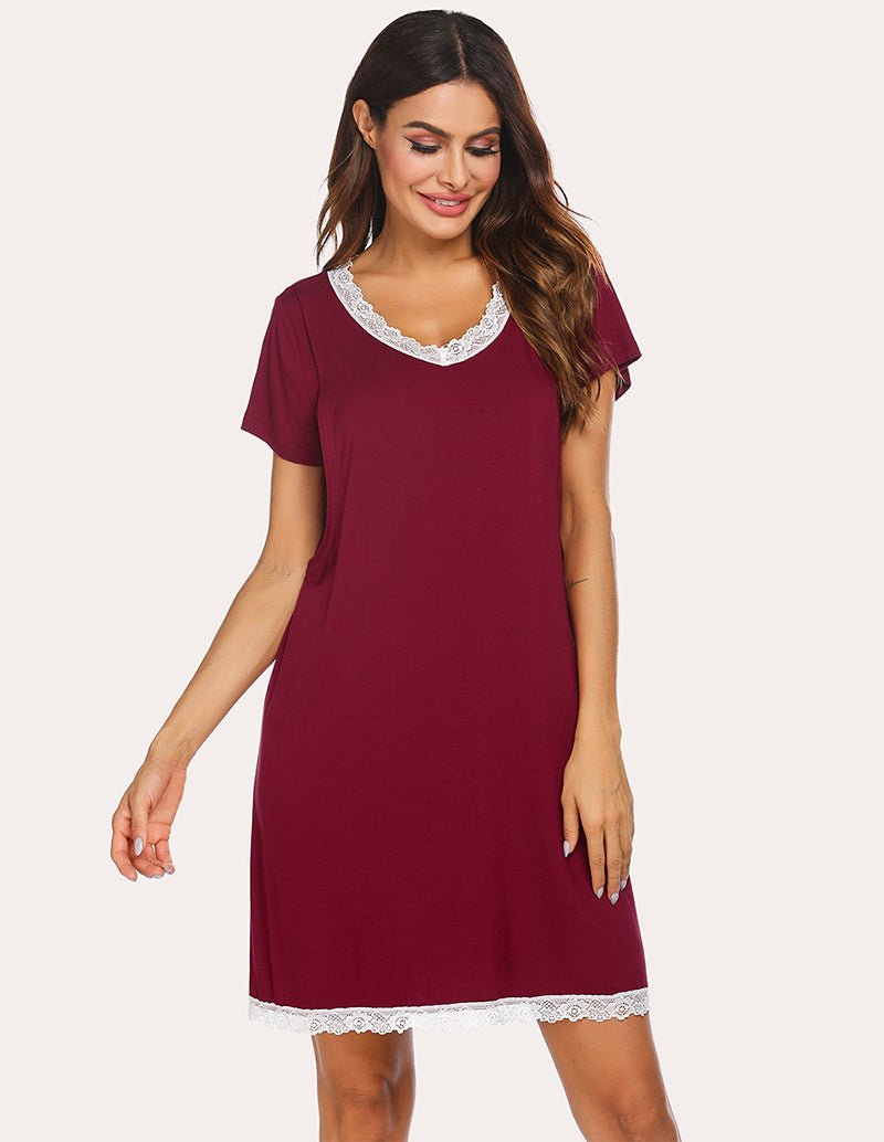 Wine red lace-trim breastfeeding sleep dress with lace hem, short sleeves