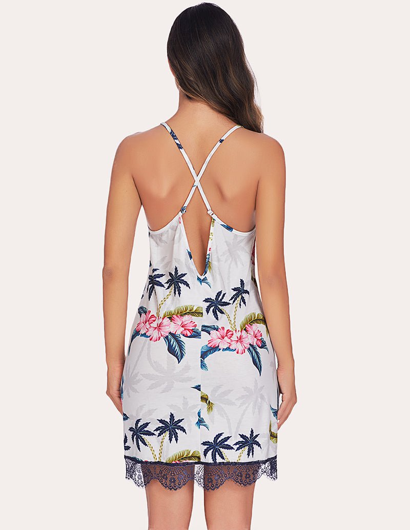 Floral print chemise with crisscross open-back straps and lace-trimmed hem