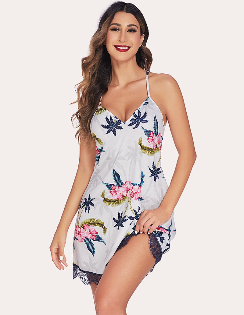 Floral print chemise with lace-trim hem, V-neck, and thin spaghetti straps