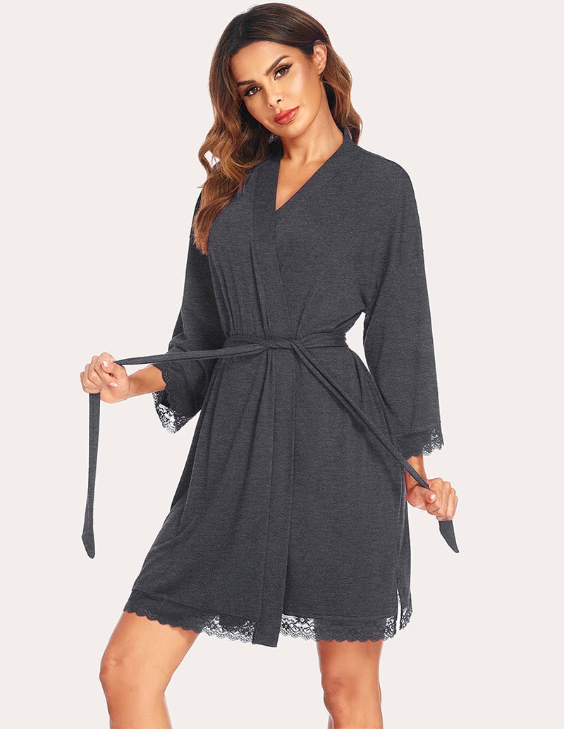 Ekouaer lace-trim robe in grey, belted waist with long sash, lace cuffs and hem