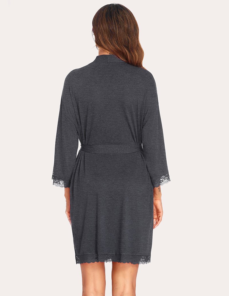 Grey lace-trim robe back view with waist tie and lace cuffs