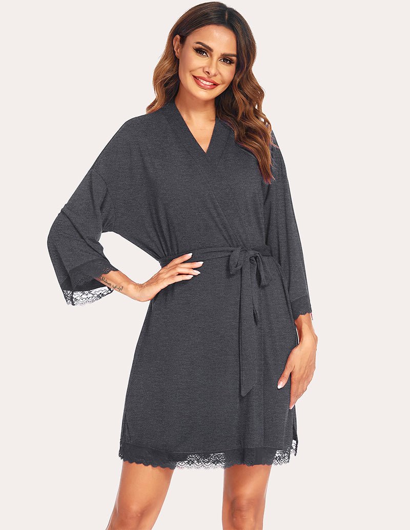 Grey lace-trim robe with V-neck and waist tie belt