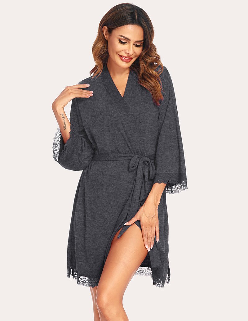 Ekouaer lace-trim robe in grey, V-neck and tie belt, lace sleeve cuffs and hem