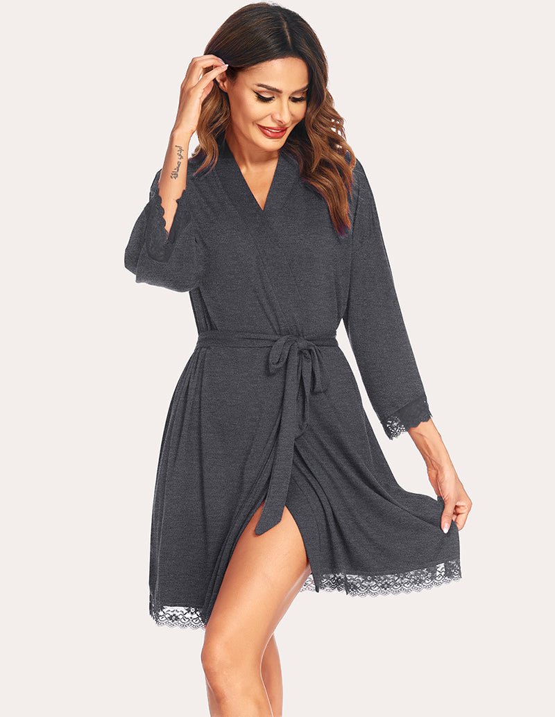 Ekouaer lace-trim robe in grey, short robe length with lace trim at sleeves and hem