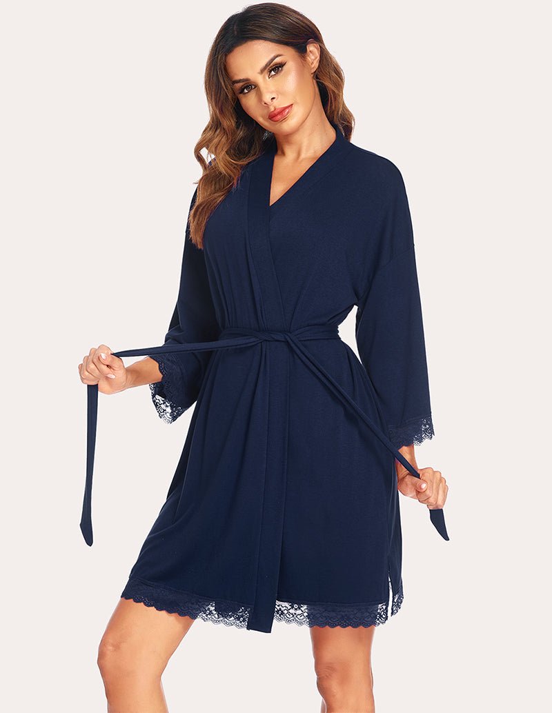 Ekouaer lace-trim robe in navy blue, V-neck with tie waist, lace cuffs and scalloped hem