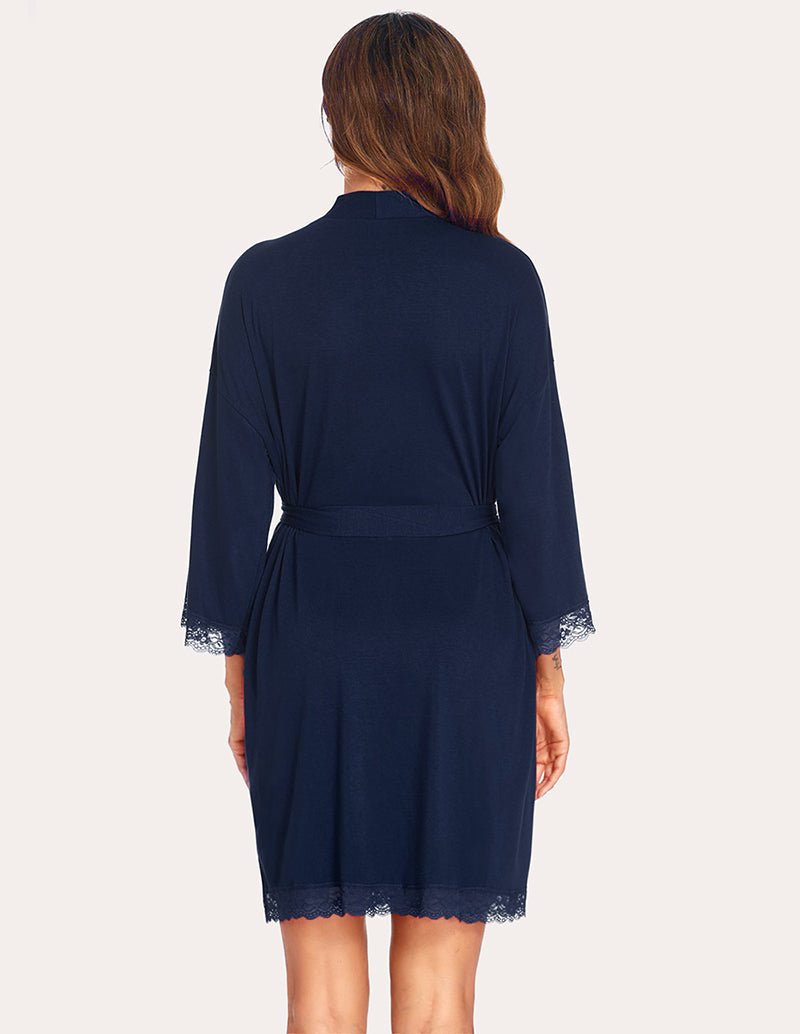 Ekouaer lace-trim robe in navy blue, back view with waist tie and lace-trim hem