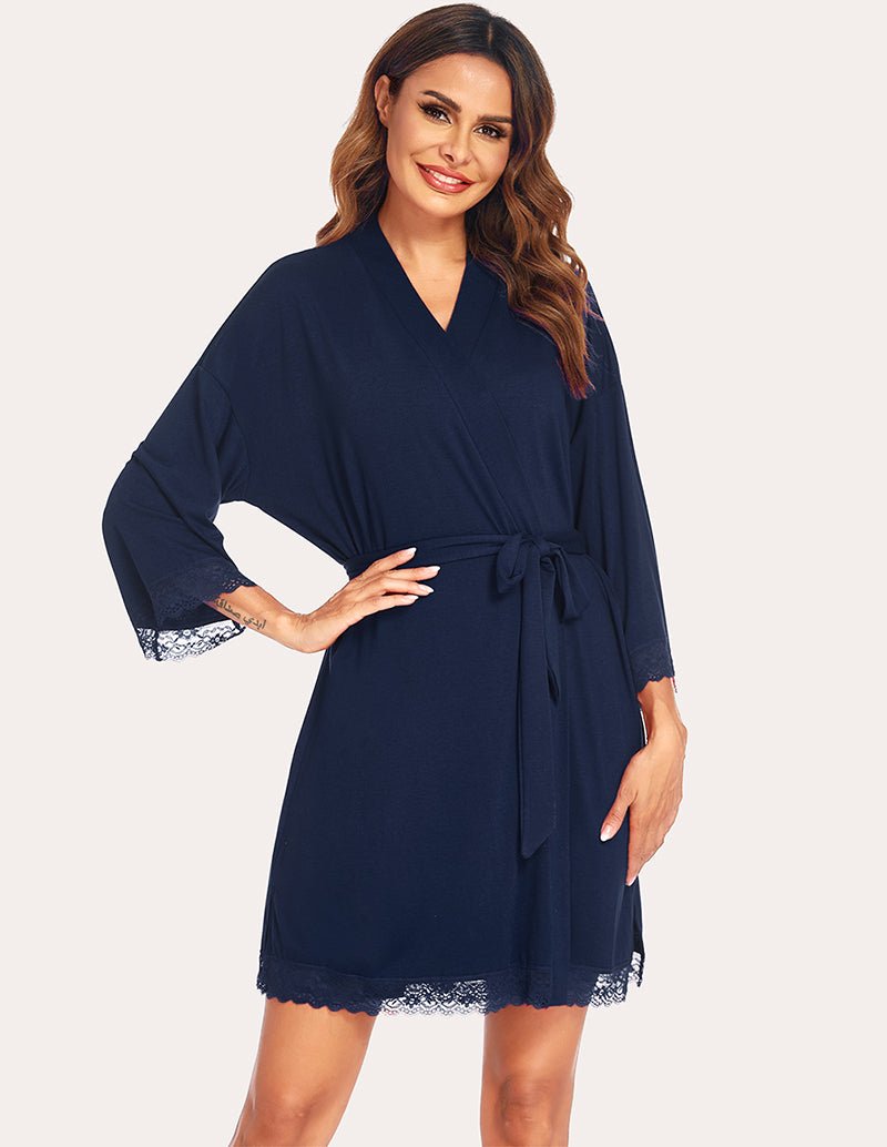 Ekouaer lace-trim robe in navy blue, V-neck belted robe with lace-trim hem