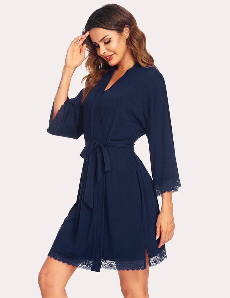 Ekouaer lace-trim robe in navy blue, V-neck tie belt, long sleeves with lace cuffs
