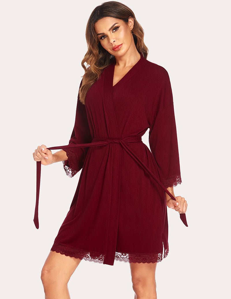 Wine red lace-trim robe with belt tie, lace-edged hem, and V-neck front