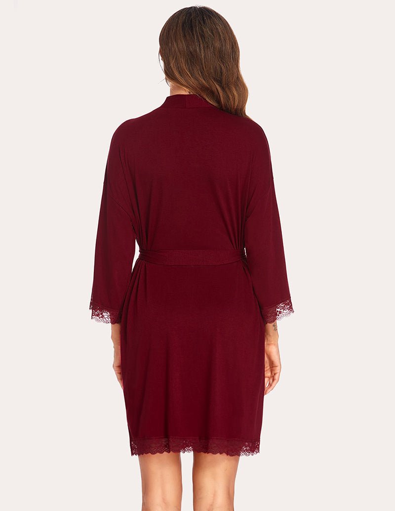 Wine red lace-trim robe with belt tie, V-back, and three-quarter lace sleeves