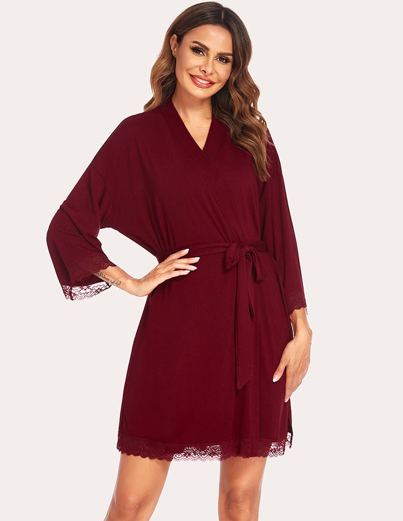 Wine red lace-trim robe with V-neck, belt tie, and three-quarter lace cuffs