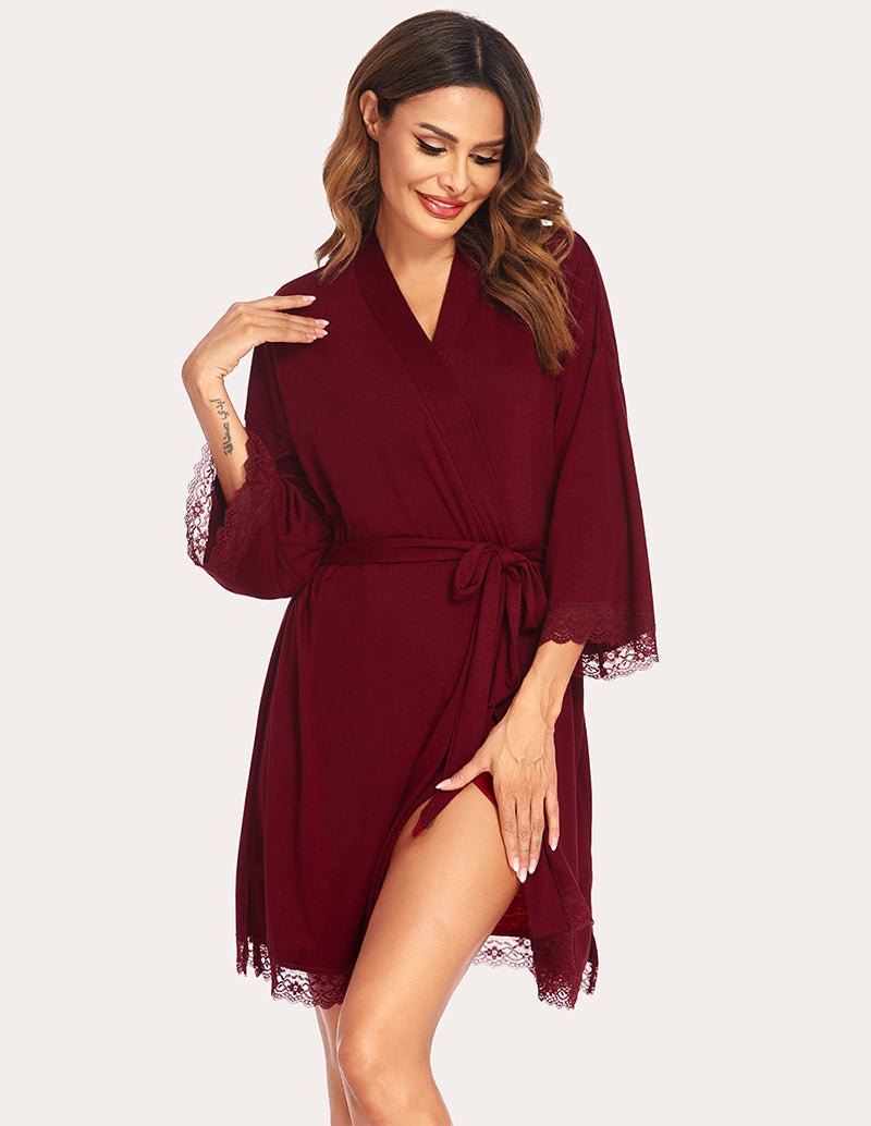 Wine red lace-trim robe with V-neck, waist belt tie, and scalloped lace hem
