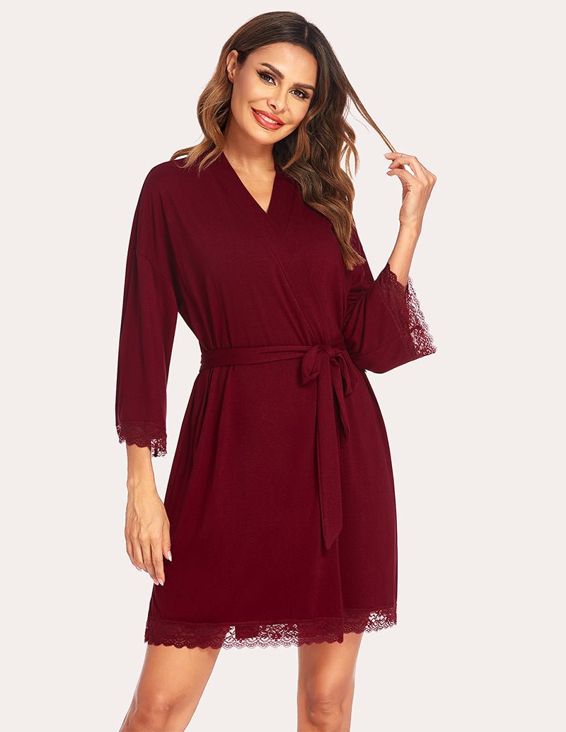 Wine red lace-trim robe with V-neck and belt tie, lace cuffs and hem