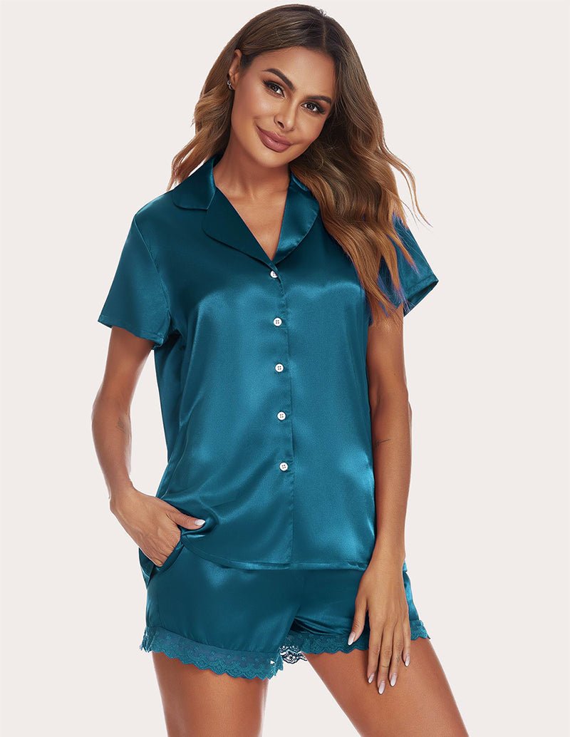 Teal satin pajama set with V-neck button-front blouse and lace-trim shorts