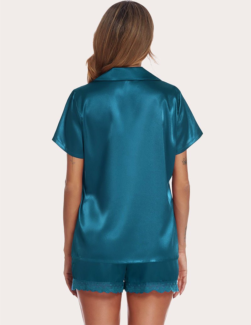 Teal satin pajama set, back view: short-sleeve button blouse with matching lace-trim shorts